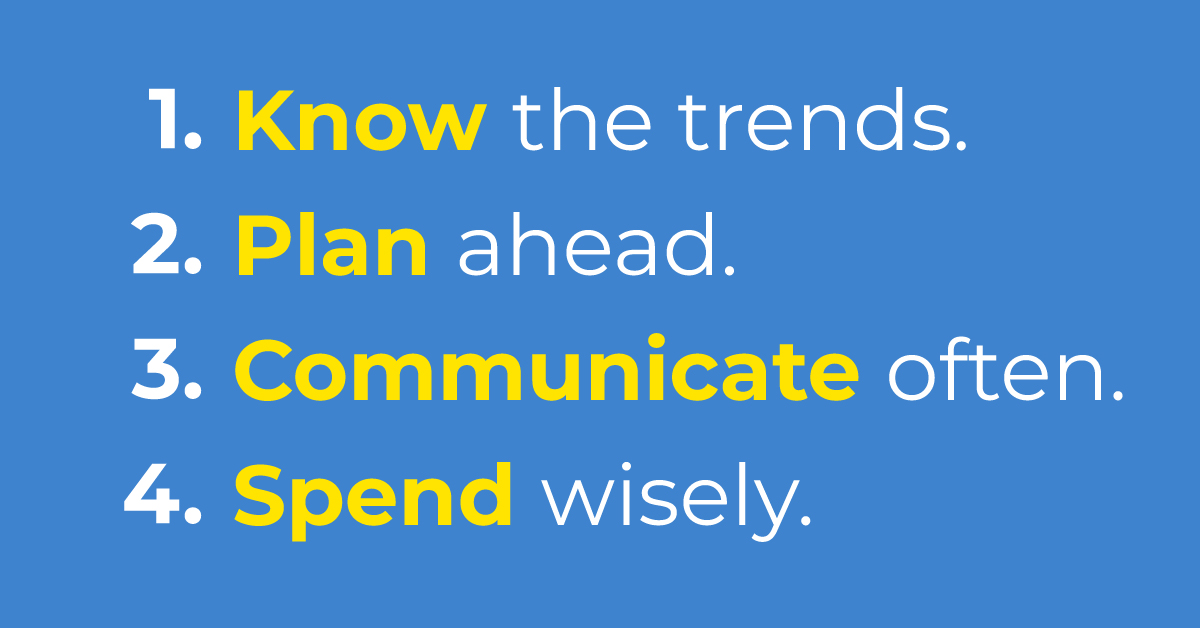 List of the four keys: 1. know the trends, 2. plan ahead, 3. communicate often, 4. spend wisely