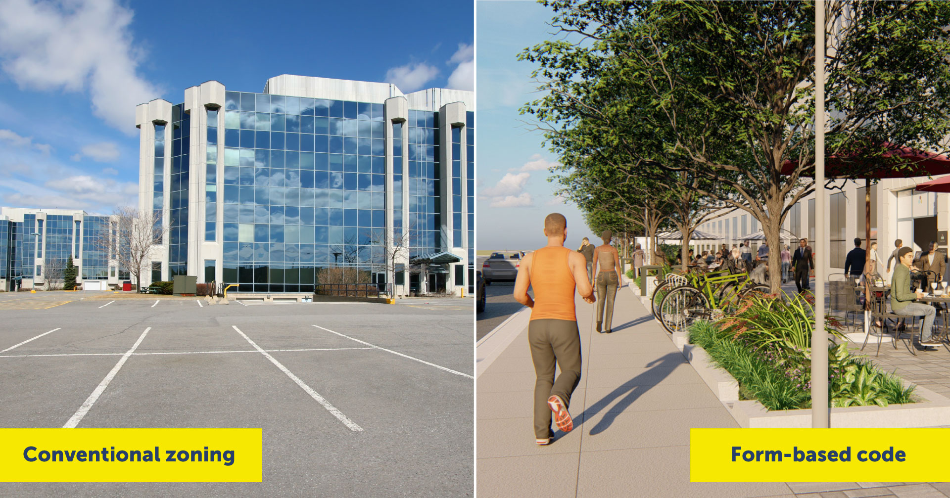 Building with large parking lot compared to building with walkway, trees, and walking path