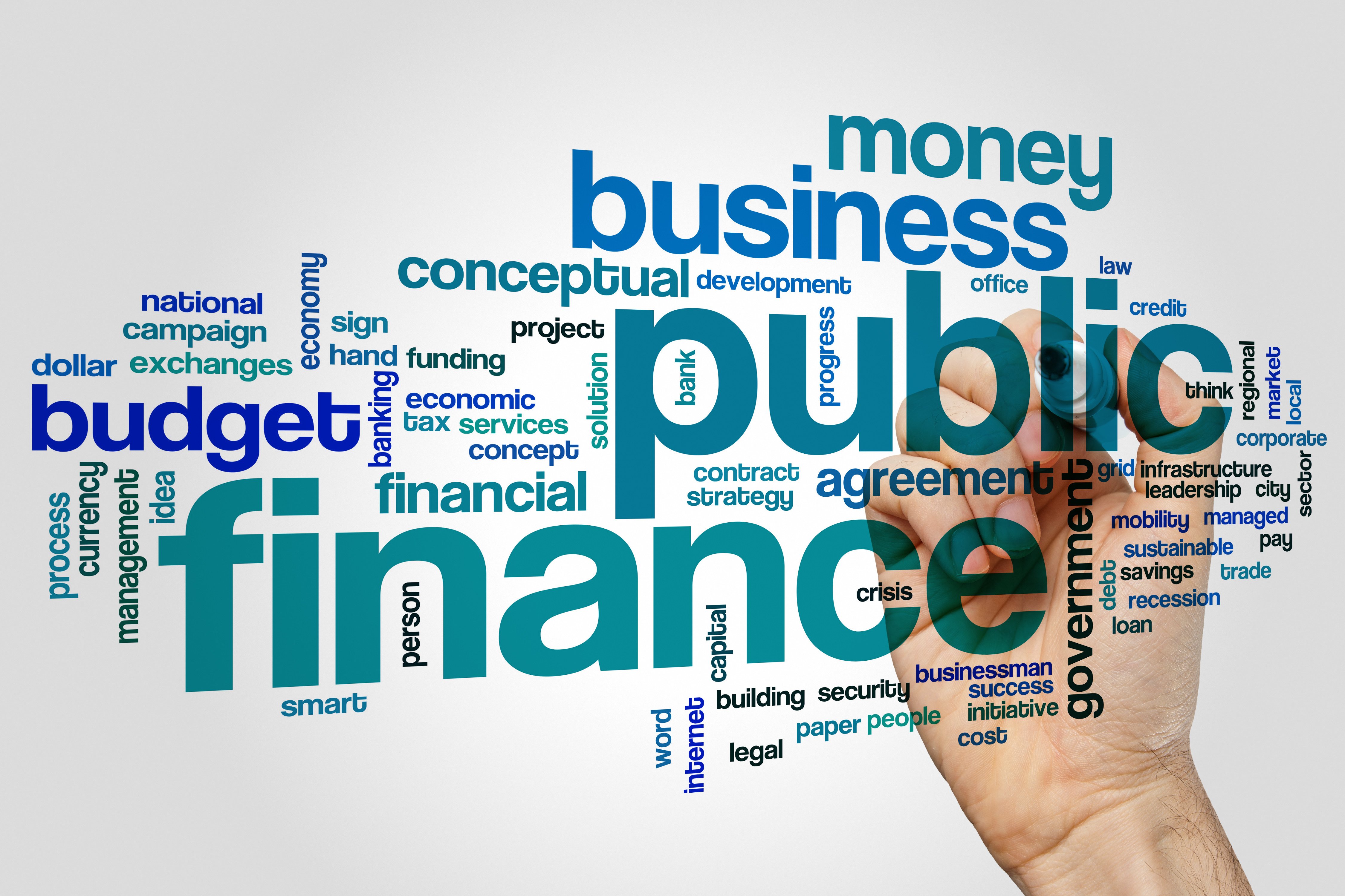Word cloud featuring business concerns including public finance, budget, government, agreement, word, smart, process, national, campaign, dollar, security sector, bank, economic, and more