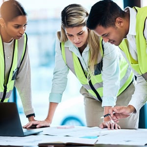 Three people reviewing plans