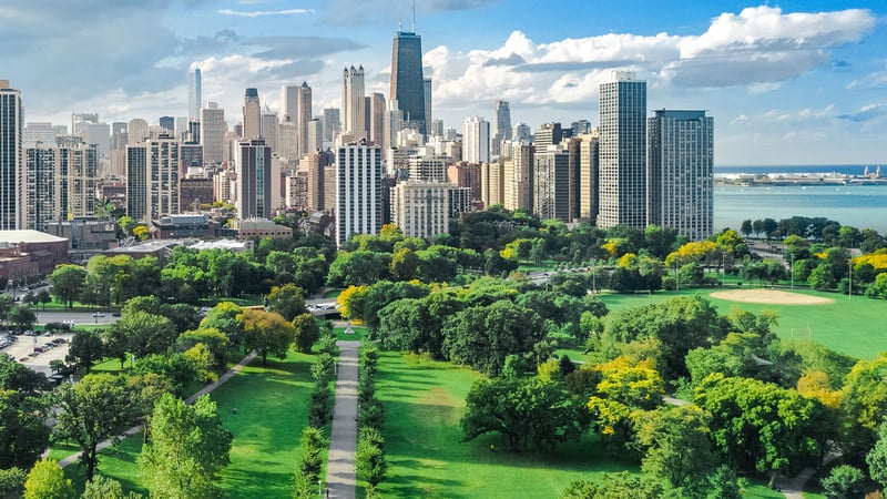 Chicago park landscape and skyline