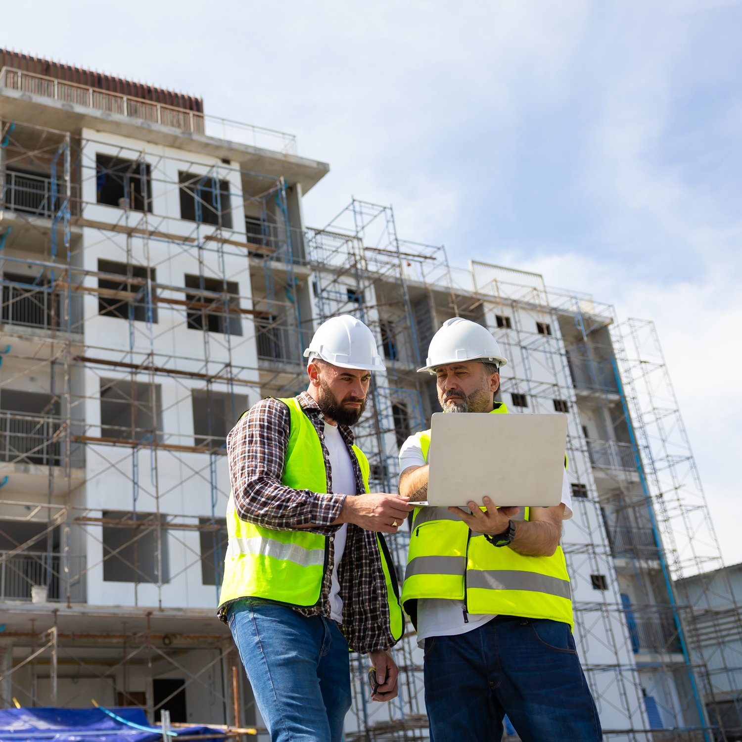 Two workers in front of construction on a laptop