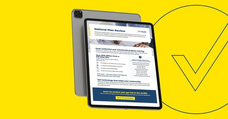 The SAFEbuilt national plan review one pager mocked up on a tablet