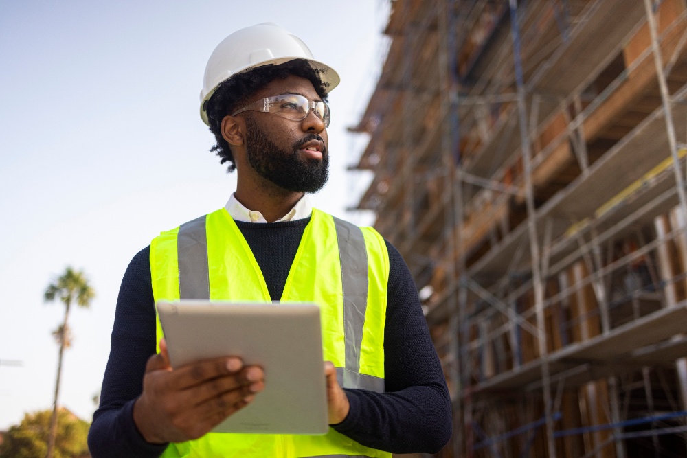 a permit technician working in the field with digital permitting technology