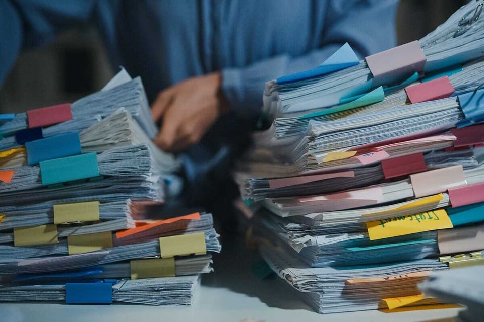 cluttered messy desk covered in papers