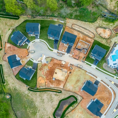 Development community aerial shot of street