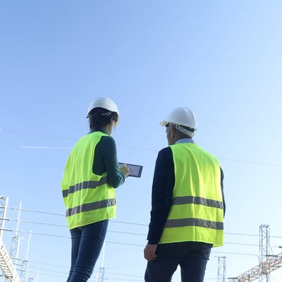Construction workers reviewing tablet