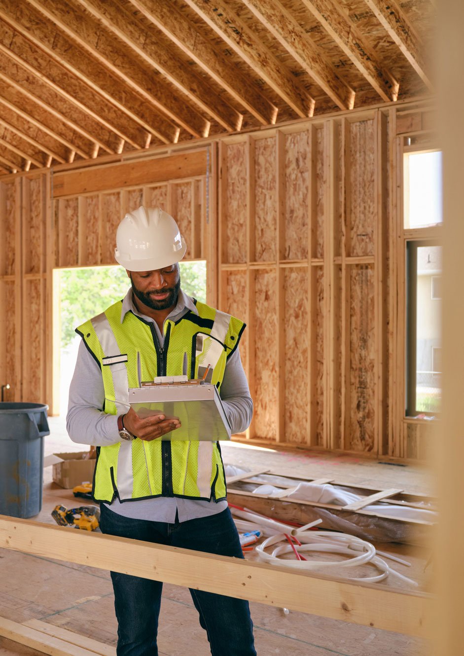 Construction worker inside progress building Construction worker inside progress building
